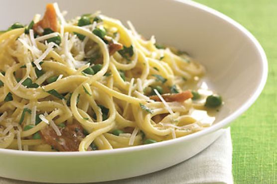 Spaghetti Carbonara with Pork Belly and Fresh Peas