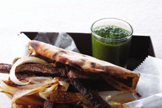 Spiced Beef and Onion Pitas with Parsley Sauce