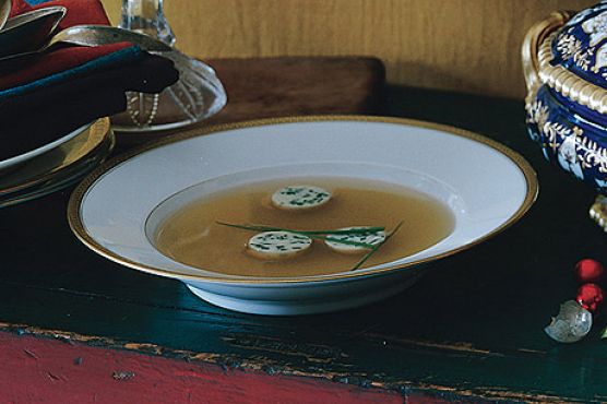 Spiced Chicken Broth with Chive Flans