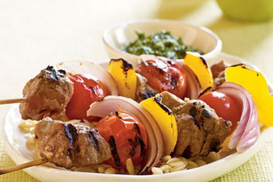 Spiced Lamb and Vegetable Kebabs with Cilantro-Mint Sauce