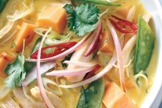 Spicy Curry Noodle Soup with Chicken and Sweet Potato