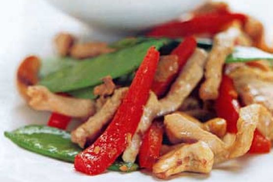 Spicy Pork and Cashew Stir-Fry with Snow Peas and Red Pepper