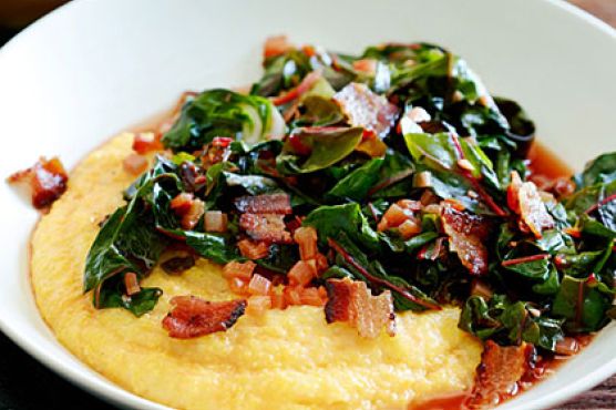 Spicy Rainbow Chard with Bacon and Polenta