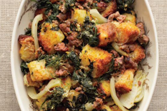 Spinach, Fennel, and Sausage Stuffing with Toasted Brioche