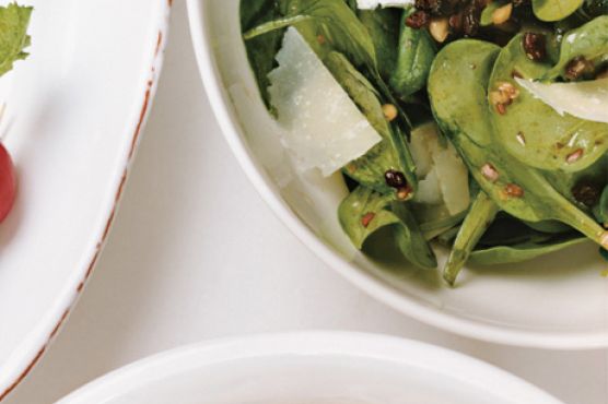 Spinach Salad with Pecorino, Pine Nuts, and Currants
