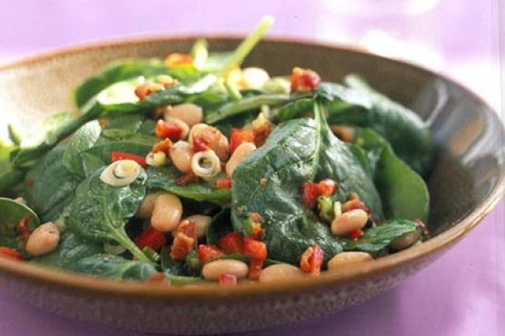 Spinach, White Bean, and Bacon Salad with Maple-Mustard Dressing