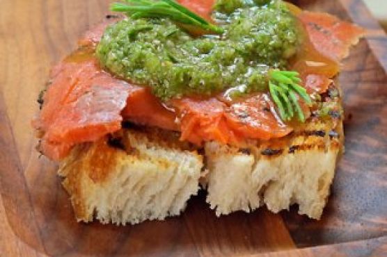 Spruce Cured Gravlox with Spruce Pesto Crostini