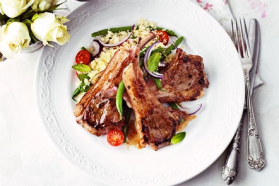Sticky fig lamb cutlets with warm bean & couscous salad