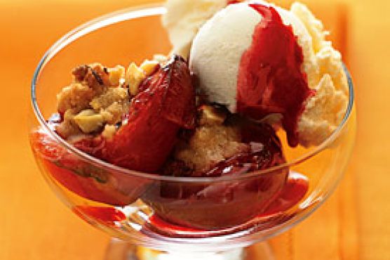 Streusel-Roasted Plums with Vanilla Ice Cream