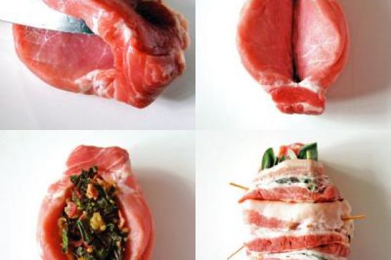 Stuffed Pork Loin Chop with Swiss Chard, Bacon, Sage and Chianti Sauce
