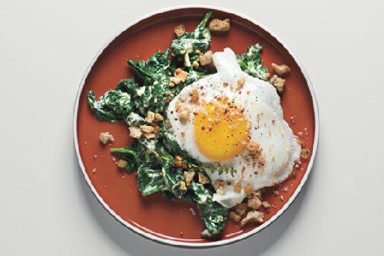 Sunny-Side-up Eggs on Mustard-Creamed Spinach with Crispy Crumbs
