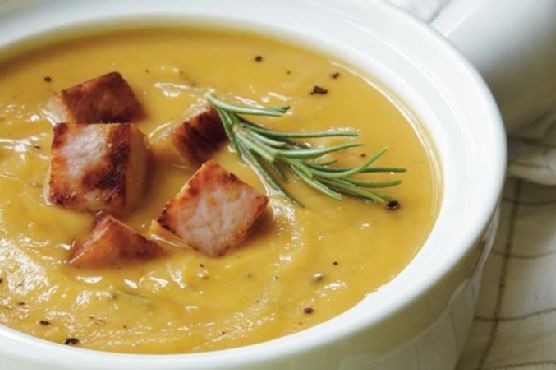 Sweet Potato-Peanut Soup with Ham Croutons