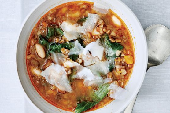 Toasted Spelt Soup with Escarole and White Beans
