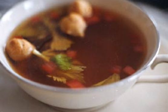 Tomato and Celery-Infused Beef Consommé with Tiny Choux Puffs