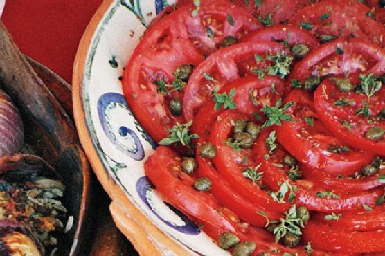 Tomato Salad with Shallot Vinaigrette, Capers, and Basil