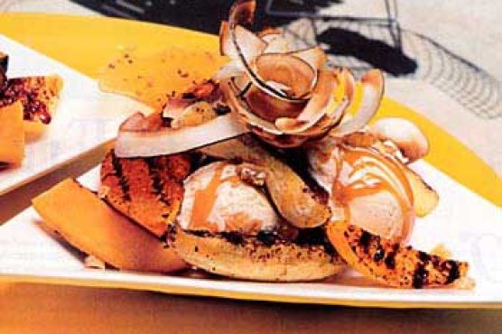 Tropical Fruit Splits with Rum Sauce and Chile-Macadamia Brittle
