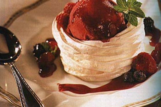 Vacherins with Raspberry Sorbet and Mixed Berry-Cardamom Sauce