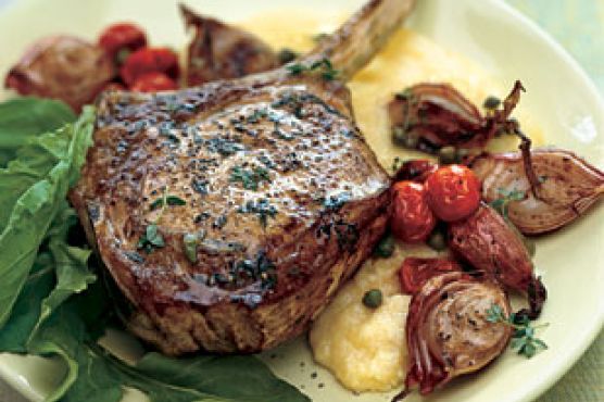 Veal Chops with Roasted Shallots, Arugula, and Soft Polenta