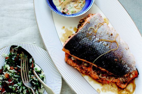 Walnut and Herb-Stuffed Salmon with Spicy Tahini Sauce