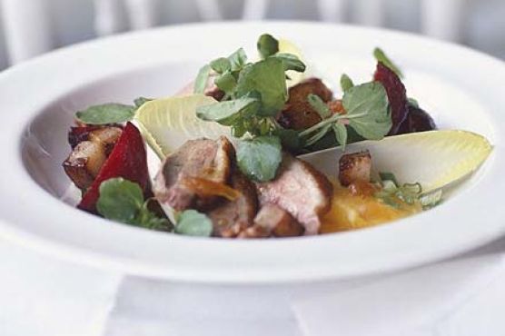 Warm duck salad with walnut & orange dressing