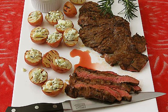 Worcestershire Grilled Skirt Steak with Blue Cheese Potatoes