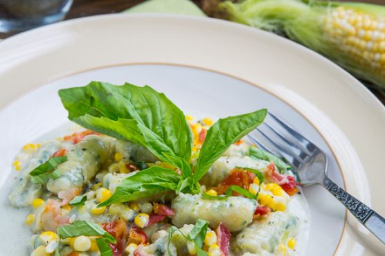Zucchini Ricotta Gnocchi and Corn in Creamy Gorgonzola Sauce with Crispy Crumbled Pancetta